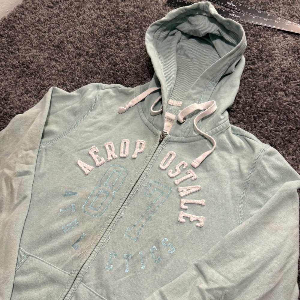 Y2K Aeropostale Zip Hoodie Womens Mint Green Fair Athletics Graphic Large